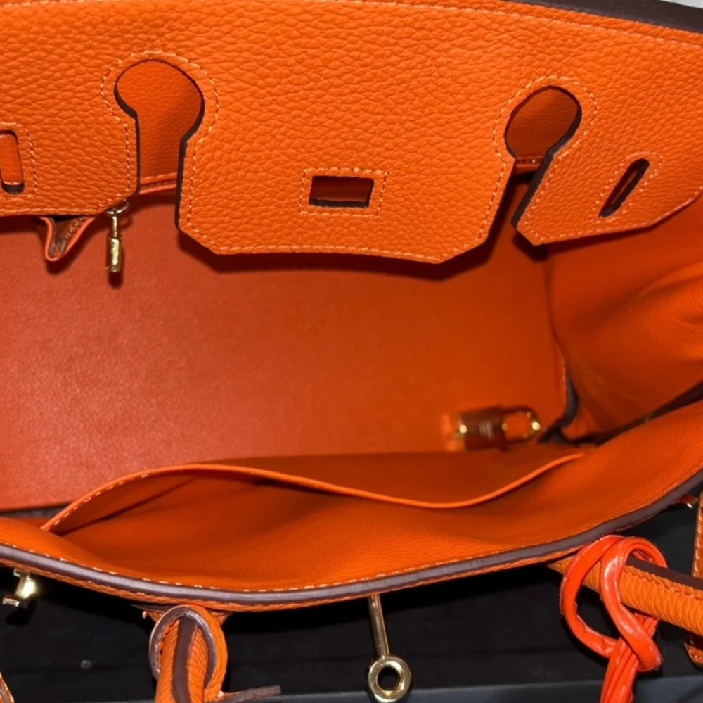 Structured Orange Leather Top-Handle Satchel with Gold-Tone Hardware